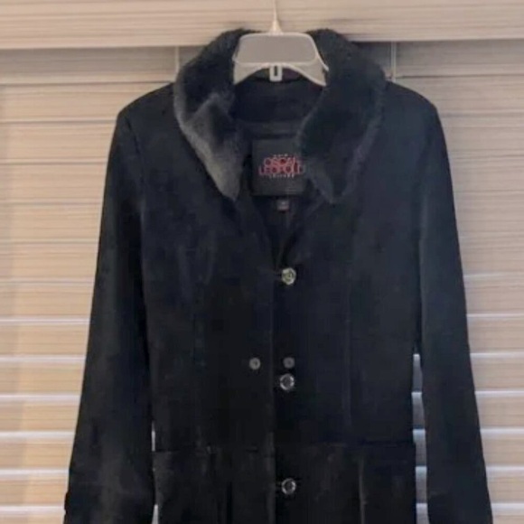Oscar Leopold Black Suede Leather with  Faux Fur Collar Coat size Small - Picture 10 of 13
